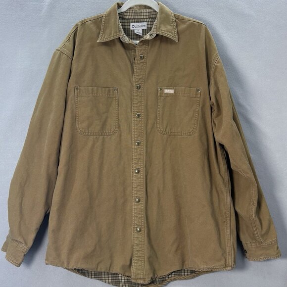 Carhartt Jacket Men’s Large Tall Flannel‎ Lined Brown Snap Up Vintage Workwear - Picture 1 of 10